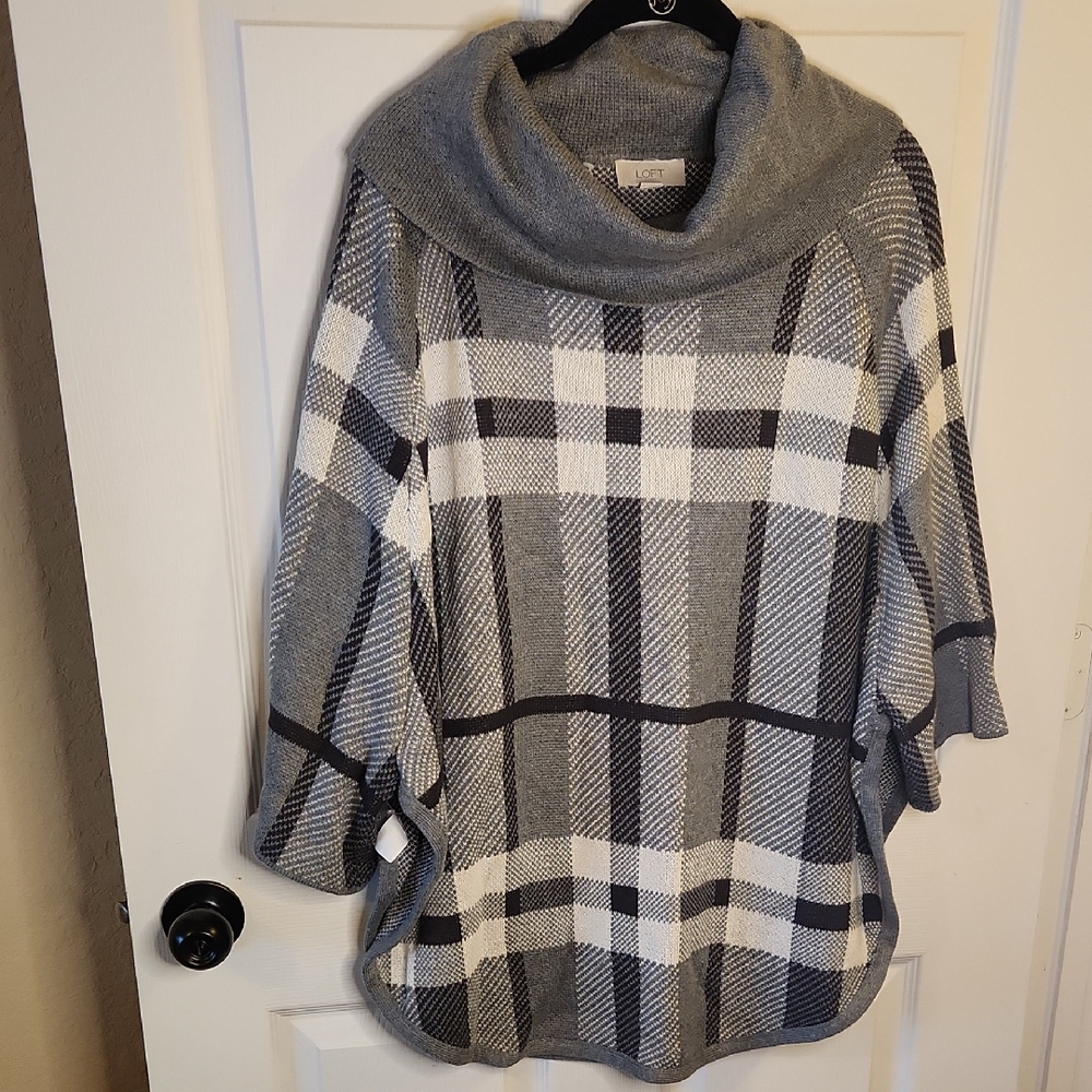 LOFT Charcoal and Ivory Checkered Cowl Neck Poncho Sweater, Sz XS/S
